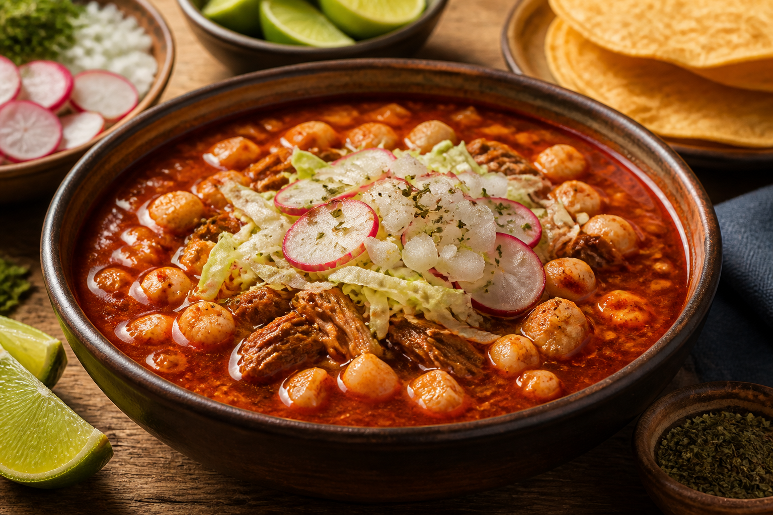 Pozole rojo with lime and garnishes