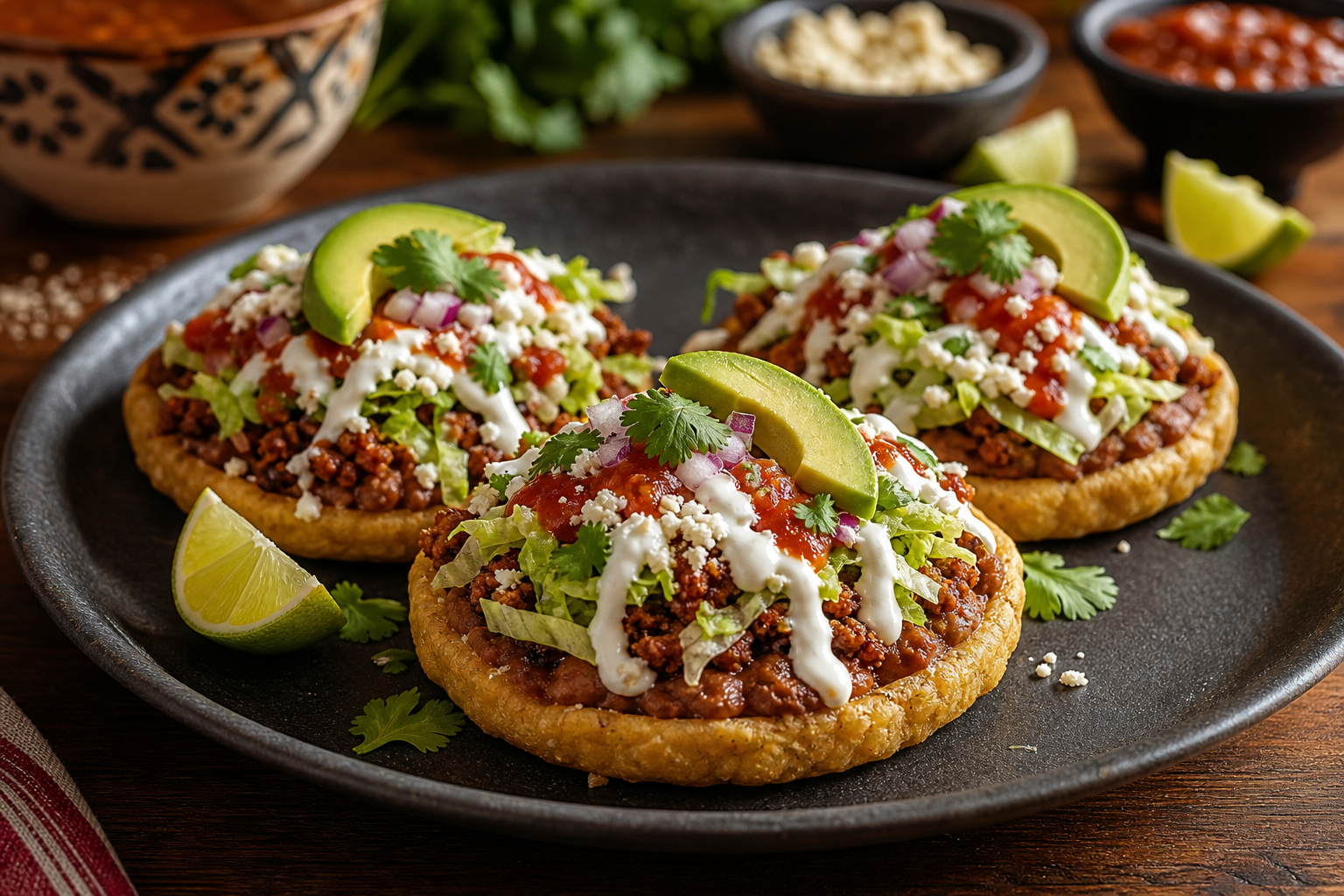 Sopes with beans, meat, lettuce, crema, and queso fresco